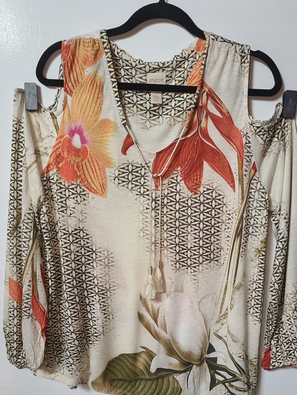 Chico's Cream Cold-Shoulder Floral V-Neck Blouse with Tassels